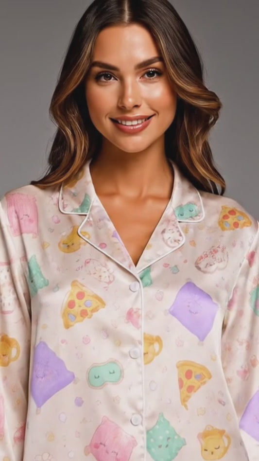 PJ-042-Satin Pastel Slumber Party Pink Piping Button Up Long Pajama Set FREE SHIPPING