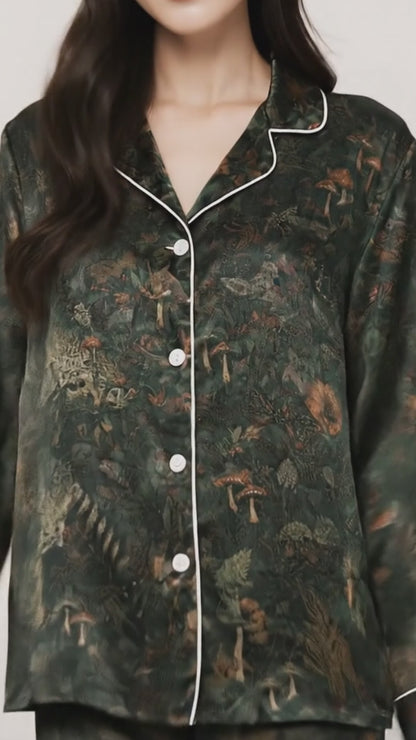 PJ-087-Forest Wildlife Pajama Set with Woodland Animals, Botanical Elements, and Natural Pattern Design FREE SHIPING
