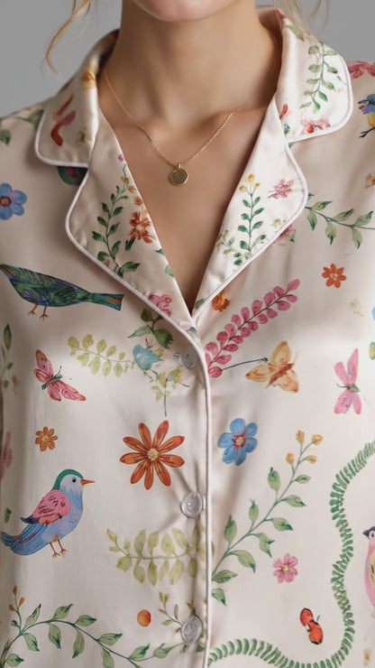 PJ-228-Floral Garden Satin Pajama Set With Colorful Bird Print And Comfortable Matching Bottoms