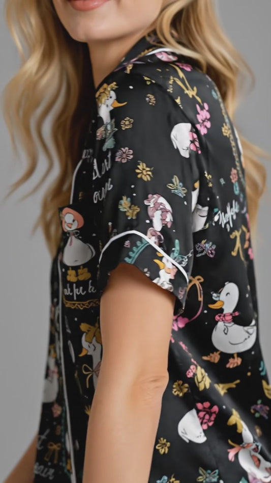 PJ-224-Motivational Goose Satin Pajama Set With Button Up Shirt And Elastic Waist Matching Bottoms