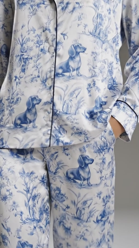 PJ-115-Satin Ivory Dachshund Toile Navy Piping Button Up Pajama Set FREE SHIPPING