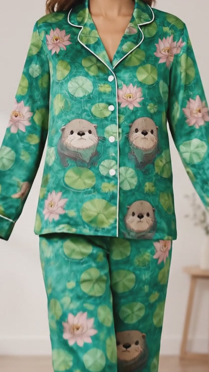 PJ-061-Satin Emerald Otter Pond White Piping Button Up Pajama Set