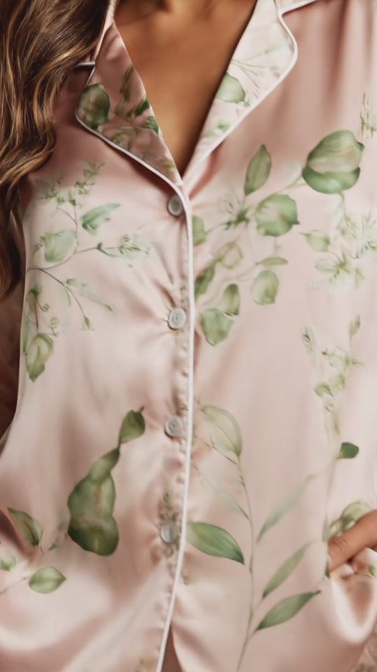 PJ-121-Unisex Eucalyptus Leaves Print Satin Pajamas Botanical Loungewear Sleepwear Nightwear Blush Pink Pjs Two Piece Set FREE SHIPING