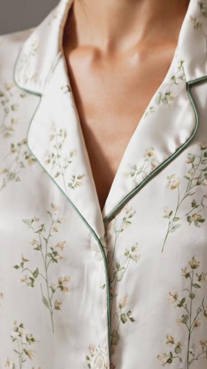 PJ-123-Cream Sage Greenery Leaf Print Satin Pajamas Cottagecore Botanical Loose Fit Loungewear Sleepwear Nightwear Pjs Clothing Set