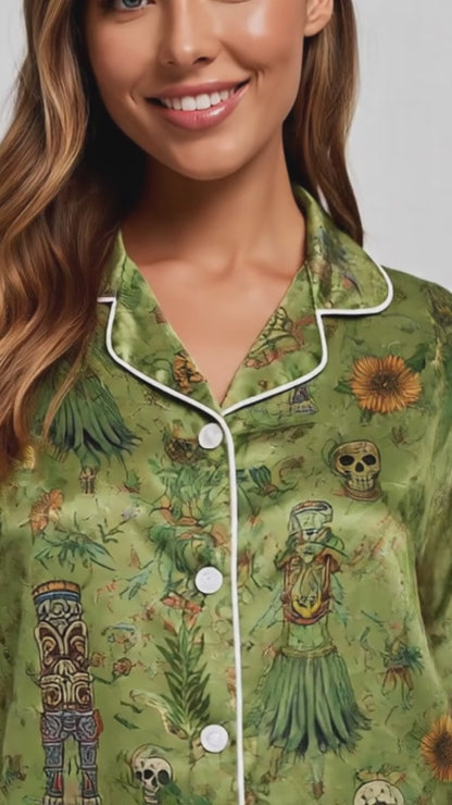 PJ-030-Satin Zombie Tiki White Piping Button Up Long/Short Pajama Set