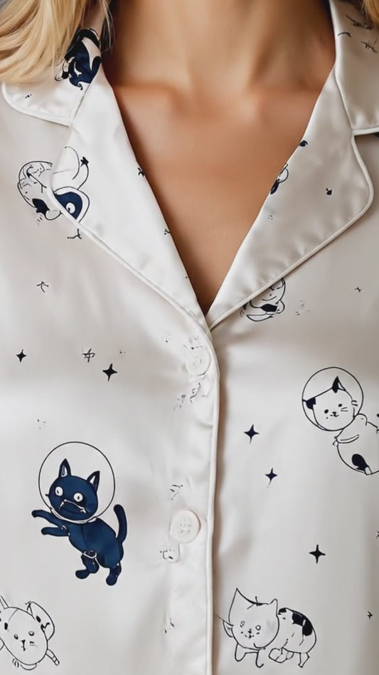 PJ-143-Unisex Satin Pajamas with Astronaut Cat Print White Button Front Sleepwear Set FREE SHIPING