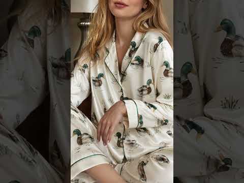 PJ-361-Satin Mallard Pajama Apparel, Green Duck Pattern Sleeve Loungewear Sleepwear Collection Clothing