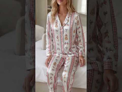 PJ-399-Ivory Satin Novelty Pajama Apparel, Scarlet Ribbon Component Short Sleeve Loungewear Sleepwear Collection Vesture