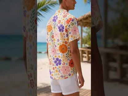 HW-465-Cream Woven Summer Island Aloha Shirt, Retro Daisy Graphic Button Down Top Beachwear Raiment