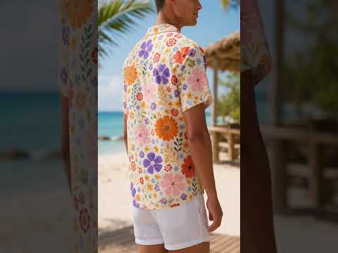 HW-465-Cream Woven Summer Island Aloha Shirt, Retro Daisy Graphic Button Down Top Beachwear Raiment
