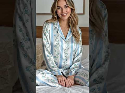 PJ-309-Floral Vine and Stripe Print Button Front Satin Sleepwear Pajamas