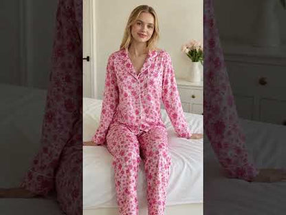 PJ-466-Rose Silk Retro Blossom Pajama Apparel, Colorful Abstract Graphic Loungewear Sleepwear Collection Top Bottom Raiment