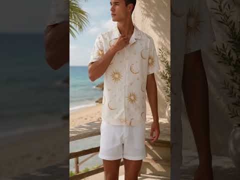 HW-467-Ivory Poly Refreshing Ocean Shirt, Sweet Constellation Printed Button Down Top Beachwear Attire
