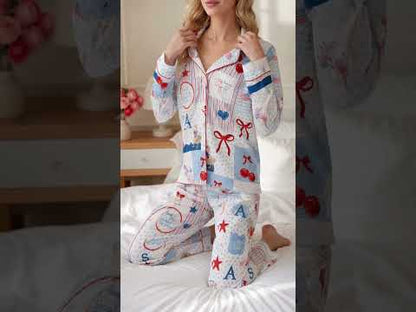 PJ-401-White Satin Patchwork Pajama Apparel, Americana Quilt Pattern Sleeve Loungewear Sleepwear Collection Clothing