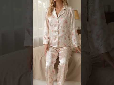 PJ-434-Seashell Coral And Bow Motif Cream Satin Hawaiian Shirt Resort Wear Two Piece Set