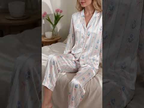 PJ-423-Delicate Coquette Pink Bow and Blue Floral Medallion Striped Satin Pajama Set