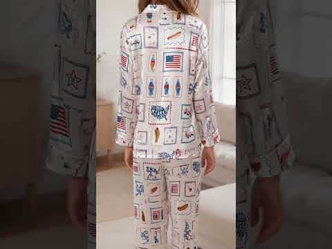 PJ-403-Alabaster Silk Patriotic Pajama Apparel, Crimson Stamp Graphic Short Sleeve Loungewear Sleepwear Collection Raiment