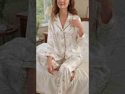 PJ-441-Literary Book Lover Line Art Motif White Satin Button Down Sleepwear Pajama Lounge Set