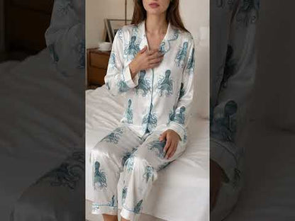 PJ-440-Premium Nautical Octopus Print White Satin Button Down Sleepwear Pajama Lounge Coordinate Apparel Set