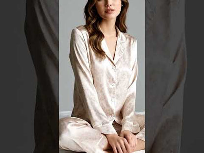 PJ-314-White Satin Floral Pajama Set, Pink Rose Sleeve Loungewear Sleepwear Collection Nightwear Boutique