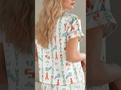 PJ-353-White Satin Lobster Pajama Apparel, Orange Crab Pattern Sleeve Loungewear Sleepwear Collection Clothing