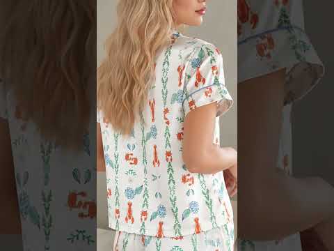 PJ-353-White Satin Lobster Pajama Apparel, Orange Crab Pattern Sleeve Loungewear Sleepwear Collection Clothing