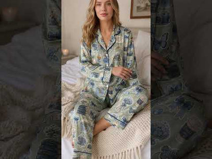PJ-422-Enchanted Storybook and Blue Bow Motif Sage Green Satin Lounge Set