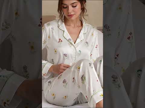 PJ-382-White Satin Wildflower Pajama Apparel, Colorful Blossom Pattern Sleeve Loungewear Sleepwear Collection Clothing