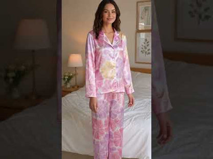 PJ-462-Lavender Silk Retro Blossom Pajama Apparel, Colorful Abstract Graphic Loungewear Sleepwear Collection Top Bottom Raiment