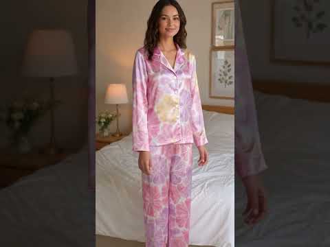 PJ-462-Lavender Silk Retro Blossom Pajama Apparel, Colorful Abstract Graphic Loungewear Sleepwear Collection Top Bottom Raiment