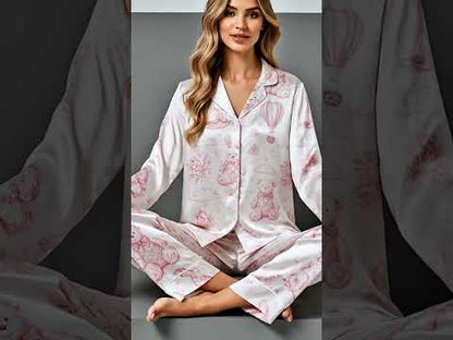 PJ-312-Vintage Toy Animal Sketch Print Satin Button Down Pajama Set
