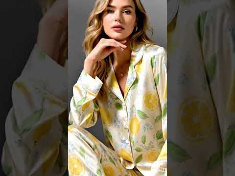 PJ-295-Yellow Citrus Pattern Satin Pajama Set, Romantic Golden Graphic Print Homewear Pjs Set Lounging