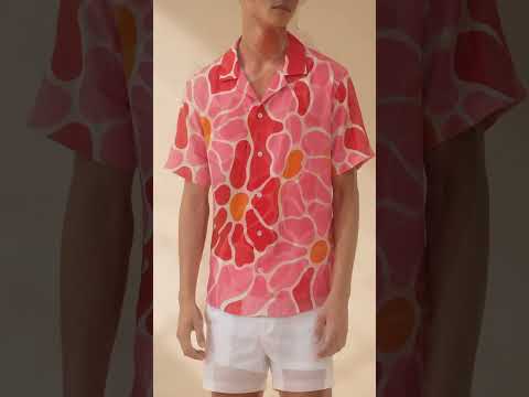 HW-460-Pink Polyester Hawaiian Resort Shirt, Bold Floral Pattern Short Sleeve Button Top Apparel Clothing