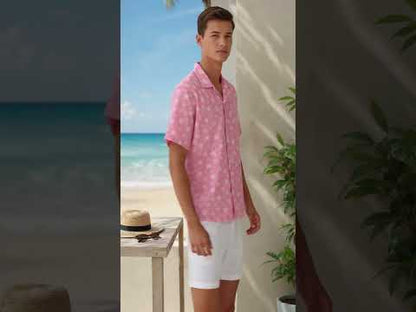 HW-475-Pink Polyester Hawaiian Resort Shirt, Ditsy Cherry Blossom Pattern Button Down Top Beachwear Clothing