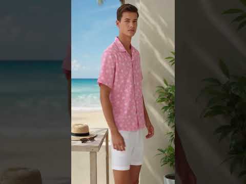 HW-475-Pink Polyester Hawaiian Resort Shirt, Ditsy Cherry Blossom Pattern Button Down Top Beachwear Clothing