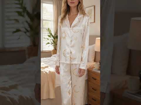 PJ-467-Alabaster Satin Nightwear Pajama Apparel, Whimsical Cosmos Component Loungewear Sleepwear Collection Top Bottom Vesture