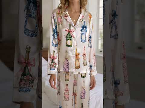 PJ-427-Elegant Floral Wine Bottle and Ribbon Motif Silky Sleepwear Ensemble