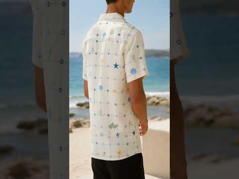 HW-414-Pastel Tropical Stamp Hawaiian Shirt Retro Coastal Vacation Beachwear Top