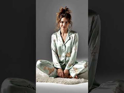 PJ-269-Satin Colorful Dreamy Animal Cloud White Piping Button Up Pajama Set