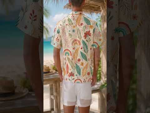 HW-474-Woven Summer Island Aloha Shirt, Earthy Tone Graphic Button Down Top Beachwear Raimen