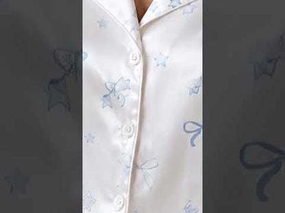 PJ-363-White Satin Coquette Pajama Apparel, Blue Ribbon Bow Sleeve Loungewear Sleepwear Collection Nightwear