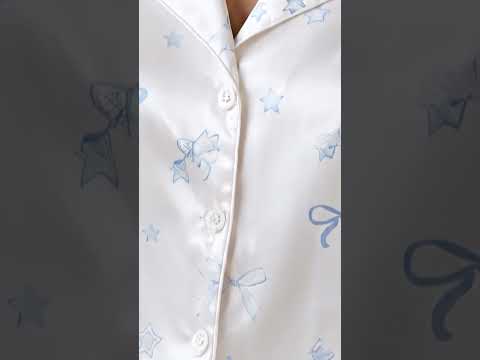 PJ-363-White Satin Coquette Pajama Apparel, Blue Ribbon Bow Sleeve Loungewear Sleepwear Collection Nightwear
