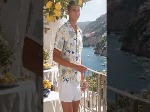 HW-418-Positano Lemon And Blue Floral Bow Striped Print Casual Summer Resort Wear Hawaiian Shirt