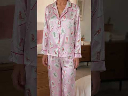PJ-442-Festive Holiday Christmas Mahjong Tile Print Pink Satin Button Down Sleepwear Pajama Lounge Set