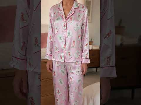 PJ-442-Festive Holiday Christmas Mahjong Tile Print Pink Satin Button Down Sleepwear Pajama Lounge Set