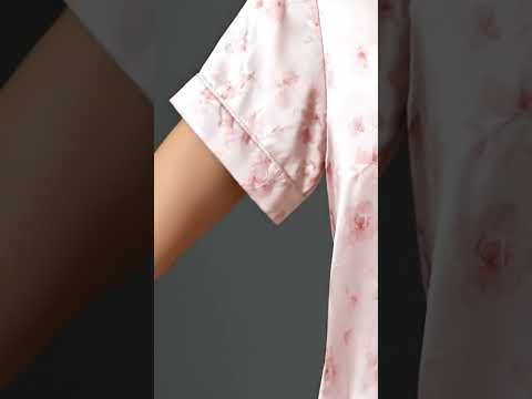 PJ-318-Pink Satin Floral Pajama Set, Rose Blossom Sleeve Loungewear Sleepwear Collection Nightwear Boutique