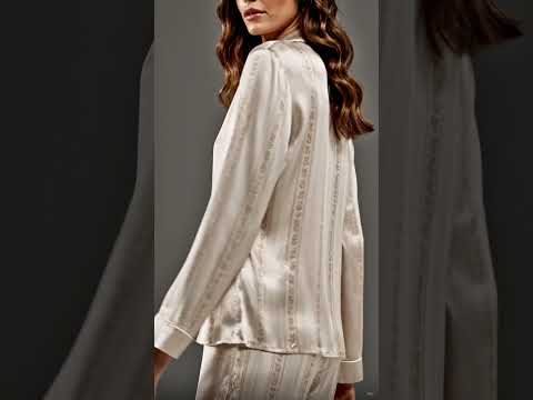 PJ-329-Champagne Satin Striped Pajama Set, Vertical Garland Sleeve Loungewear Sleepwear Collection Nightwear Boutique