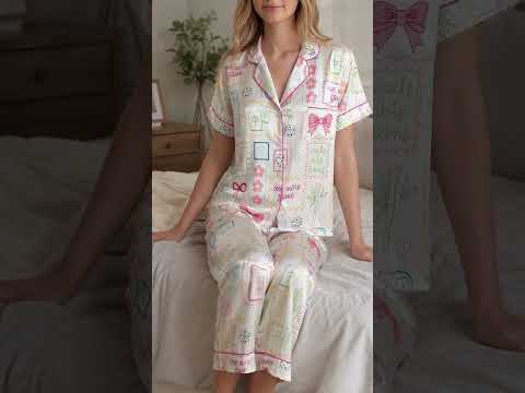 PJ-445-Vibrant Mahjong Tile And Ribbon Graphic White Satin Sleepwear Coquette Match Lounge Pajama Set