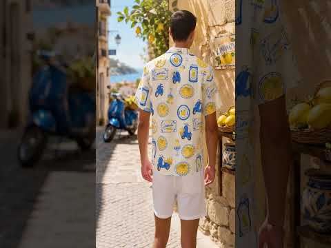 HW-419-Italian Summer Limonata Scooter And Pasta Print Yellow Striped Casual Resort Hawaiian Shirt