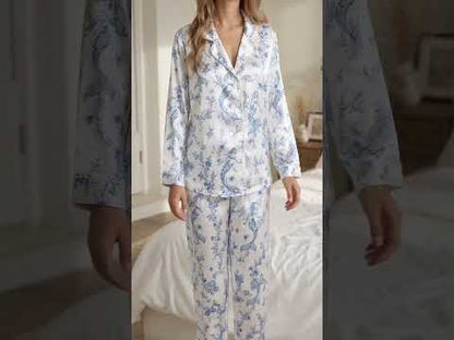 PJ-455-Elegant Blue Mermaid And Sea Coral Print White Satin Button Down Lounge Pajama Set